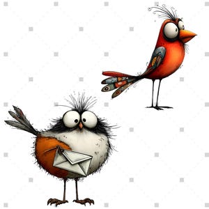 K&ouml;nnte beinhalten: Zwei skurrile Cartoon-V&ouml;gel mit gro&szlig;en Augen und ausdrucksstarken Merkmalen. Ein Vogel ist orange, rot und schwarz, der andere ist orange, wei&szlig; und schwarz und h&auml;lt einen Umschlag. Beide V&ouml;gel haben lange, d&uuml;nne Beine und sind vor wei&szlig;em Hintergrund.