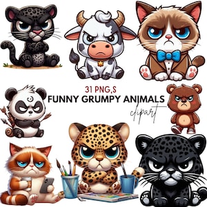 Può includere: Una collezione di clipart di cartoni animati con vari animali scontrosi, tra cui un leopardo, un panda e un gatto. L'immagine include il testo "31 PNG,S FUNNY GRUMPY ANIMALS clipart". Ogni animale ha un'espressione arrabbiata.