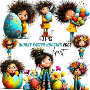 Puede incluir: Ilustración digital de varios niños de dibujos animados con pelo rizado, sosteniendo o rodeados de coloridos huevos de Pascua. La imagen incluye el texto "49 PNG" y "Quirky Easter Hugging Eggs clipart". Los niños visten varios atuendos.