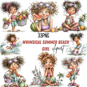 Könnte beinhalten: Aquarellillustrationen von skurrilen Sommerstrandmädchen. Die Bilder zeigen Mädchen mit lockigem Haar, Sonnenbrillen und Accessoires zum Thema Strand. Der Text auf dem Bild lautet "33PNG WHIMSICAL SUMMER BEACH GIRL clipart."