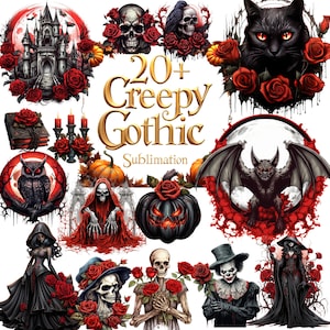 Könnte beinhalten: Eine Sammlung von 20+ Creepy Gothic Sublimationsdesigns. Die Bilder zeigen eine schwarze Katze, Totenköpfe, Rosen, eine Fledermaus, ein Schloss, eine Eule, einen Kürbis und Figuren in schwarzer Kleidung. Der Text "20+ Creepy Gothic Sublimation" ist in Gold.