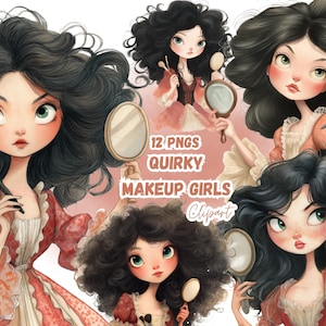Puede incluir: Ilustraciones digitales de varias chicas con cabello oscuro, sosteniendo brochas de maquillaje y espejos. Las chicas visten vestidos rojos y crema. El texto en la imagen dice "12 PNGs Quirky Makeup Girls Clipart."