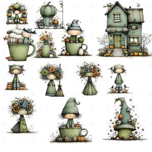May include: A collection of whimsical illustrations featuring autumn and Halloween themes. The images include cartoon figures with floral headdresses, pumpkins, and a green house. The color palette is soft, with muted greens, oranges, and browns.