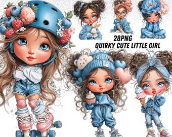 28 Watercolor Cute Little Girl Clipart png, Cute Girl Clipart Set, Quirky Little Girl Clipart, Quirky Girl Clipart png, Big Eyes Girl png