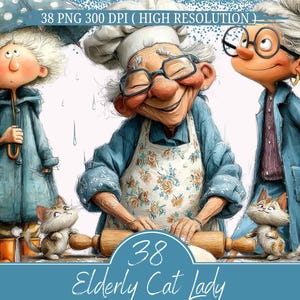 Könnte beinhalten: Digitale Illustration von drei älteren Damen mit Katzen. Eine backt, eine andere hält einen Regenschirm. Das Bild enthält den Text "38 Elderly Cat Lady". Der Stil ist skurril und farbenfroh.