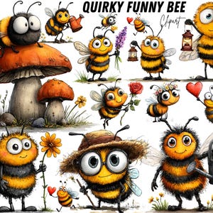 May include: A collection of whimsical bee illustrations. The bees are depicted with cartoonish features, wearing hats, holding flowers, and carrying lanterns. The color palette includes yellow, black, orange, and white.