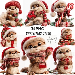 Könnte beinhalten: Eine Sammlung von 34 digitalen PNG-Illustrationen mit Ottern, die rote Weihnachtsmützen und Schals tragen, einige halten Weihnachtskugeln, Zuckerstangen oder Geschenke, mit dem Text 34PNG CHRISTMAS OTTER clipart in der Mitte.