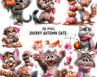 Quirky Autumn Cat Clipart Cute Autumn Cats PNG Fall Clipart PNG Cozy Fall Cats Clipart Bundle Cute Cats with Pumpkins Commercial Use