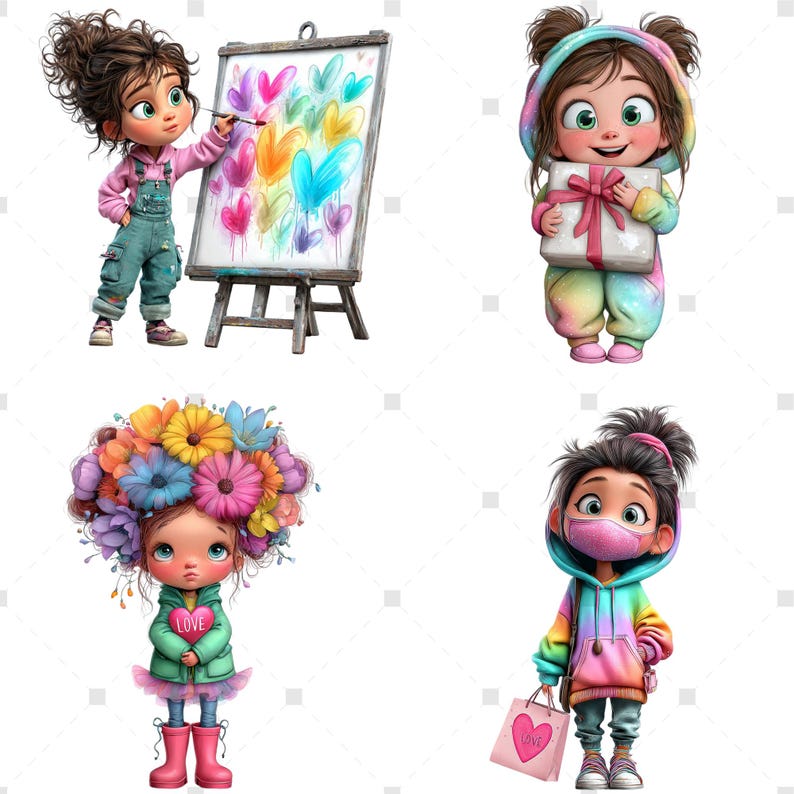 May include: Four cartoon illustrations of young girls. One paints colorful hearts on a canvas. Another holds a gift. A third wears a flower crown and holds a heart. The last wears a mask and carries a shopping bag with a heart.