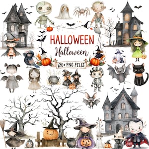 May include: A collection of watercolor Halloween-themed illustrations. The image features various spooky characters, including witches, ghosts, bats, and haunted houses. The text "Halloween" and "120+ PNG FILES" are also included.