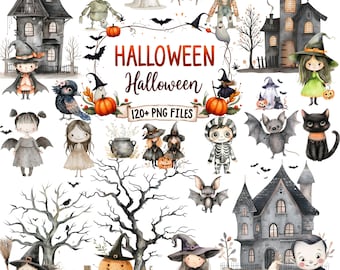 120+ Cute Halloween Ghost Clipart Bundle, Watercolor PNG, Witch Hat Ghosts, Spooky Pumpkins, Fall Decor, Autumn Printables Digital Download