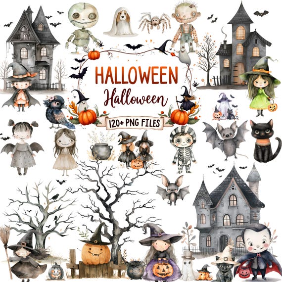 120+ Cute Halloween Ghost Clipart Bundle, Watercolor PNG, Witch Hat Ghosts, Spooky Pumpkins, Fall Decor, Autumn Printables Digital Download