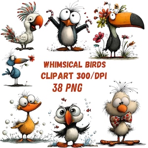 Puede incluir: Ilustraciones de aves caprichosas, incluyendo un loro, un pingüino y un tucán, con rasgos exagerados. El texto dice "WHIMSICAL BIRDS CLIPART 300/DPI 38 PNG".