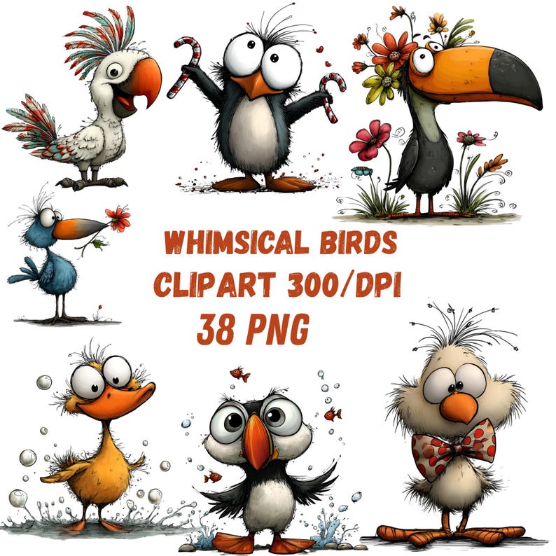 K&ouml;nnte beinhalten: Eine Sammlung skurriler Vogelillustrationen, darunter Papagei, Pinguin und Tukan, mit &uuml;bertriebenen Merkmalen. Der Text lautet "WHIMSICAL BIRDS CLIPART 300/DPI 38 PNG".