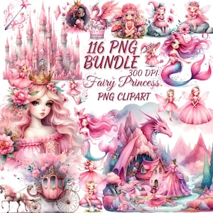 Peut inclure: Un ensemble d'art numérique avec diverses illustrations de princesses fées. Les images incluent des fées, des châteaux, des dragons et des sirènes dans des tons roses. Le texte sur l'image indique "116 PNG BUNDLE Fairy Princess PNG CLIPART."