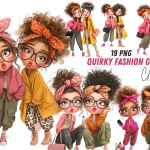 Puede incluir: Ilustración digital de varias chicas de moda extravagantes. Las chicas visten atuendos elegantes, incluyendo chaquetas, pantalones y accesorios. La imagen incluye el texto "19 PNG QUIRKY FASHION GIRLS Clipart."