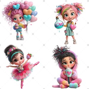 May include: Four cartoon dolls with large eyes and colorful hair. One doll holds heart-shaped balloons and a cupcake. Another holds a bottle with "LOVE" on it and a heart. A third doll is a ballerina with a strawberry. The last doll holds a mug with "LOVE".