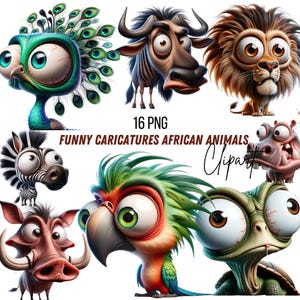 Könnte beinhalten: Eine Sammlung von 16 PNG-Cartoon-Tier-Cliparts. Die Bilder zeigen einen Pfau, einen Gnu, einen Löwen, ein Zebra, einen Papagei, ein Warzenschwein, ein Nilpferd und eine Schildkröte. Der Text "FUNNY CARICATURES AFRICAN ANIMALS" wird angezeigt.