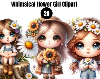 20Spring Floral Girl Clipart Watercolor Spring Flower Girl PNG Boho Kids Floral Feminine Portrait Illustrations Cottagecore Garden Girl Art