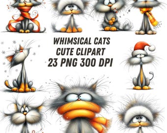 Whimsical  Cats Clipart Collection, Funny Watercolor Cat Graphics 23 PNG Illustrations, Whimsical Cat Art, Digital Download, Commercial Use