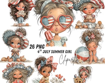 American Girl Clipart Summer : 4th of July Patriotic Summer Watercolor Art, Quirky Girl Clipart (Digital Download)