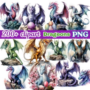 Könnte beinhalten: Eine Sammlung von Aquarell-Drachen-Clip-Art-Bildern in verschiedenen Farben, darunter Rot, Lila, Grün und Gold. Die Drachen sind in verschiedenen Posen dargestellt, einige sitzen auf Felsen oder Burgen. Der Text lautet "200+ clipart Drageons PNG".