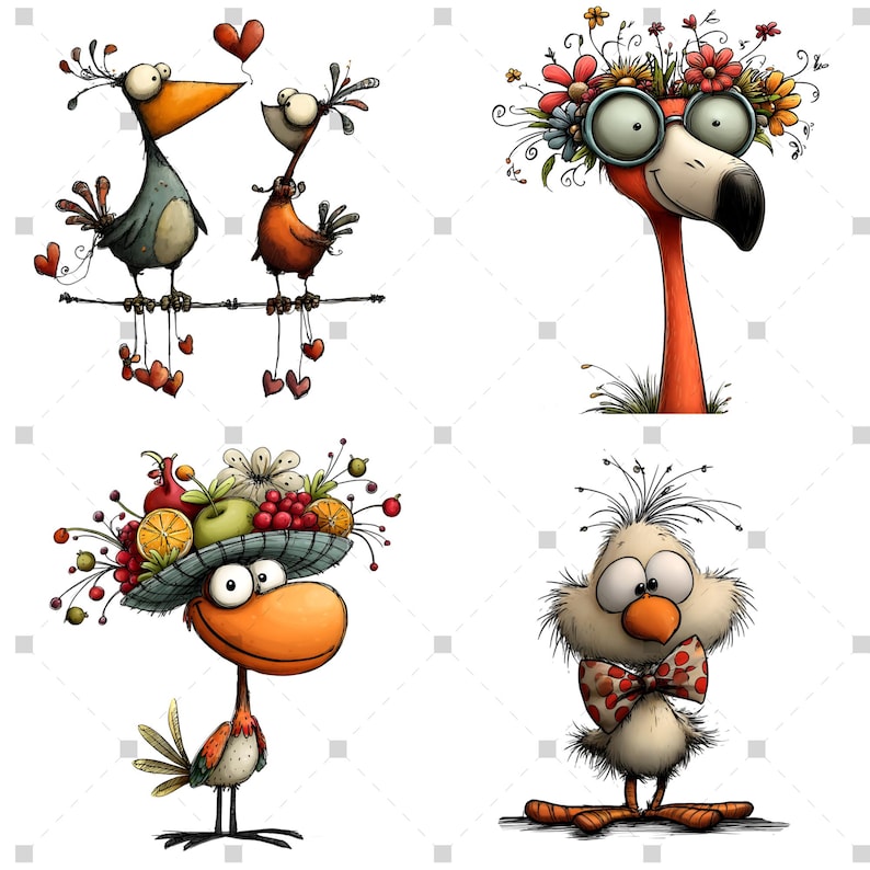 K&ouml;nnte beinhalten: Eine skurrile Illustration mit vier Cartoon-V&ouml;geln. Zwei V&ouml;gel sitzen auf einem Ast mit herzf&ouml;rmigen Verzierungen. Ein Flamingo tr&auml;gt eine Brille und einen Blumenkranz. Ein weiterer Vogel tr&auml;gt einen Hut aus Fr&uuml;chten. Ein letzter Vogel tr&auml;gt eine Fliege.