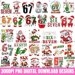 Puede incluir: Una colección de diseños digitales con temática navideña que presentan las palabras "Six Seven" y los números 67, junto con Papá Noel, decoraciones festivas y varios gestos con las manos. Descargas digitales PNG de 300 DPI.