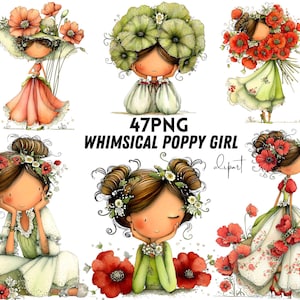 May include: A collection of six digital illustrations featuring characters with brown hair adorned with red poppy flowers and green foliage, wearing dresses in shades of green and peach, with the text 47PNG WHIMSICAL POPPY GIRL displayed centrally.