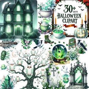 Könnte beinhalten: Eine digitale Illustration mit Halloween-Motiven, darunter ein grünes Spukhaus, Eulen und verschiedene Elemente. Das Kunstwerk zeigt einen Kessel, einen Trank, einen Kürbis und den Text "30+ GREEN HALLOWEEN CLIPART". Die Farbpalette ist hauptsächlich grün und schwarz.