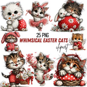 May include: A collection of 25 PNG whimsical Easter cat clipart images. The cats are depicted in various poses, wearing Easter-themed outfits and accessories, such as bunny ears, tutus, and holding Easter eggs and baskets of flowers. The color palette includes red, white, and brown.