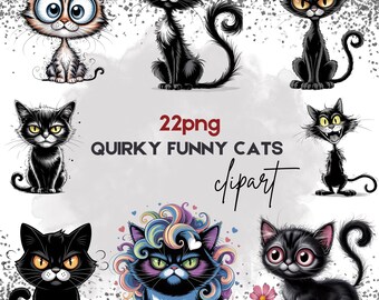 May include: A collection of quirky and funny cat clipart images. The cats are depicted in various poses and expressions, with exaggerated features and vibrant colors. The text "22png QUIRKY FUNNY CATS clipart" is also included.