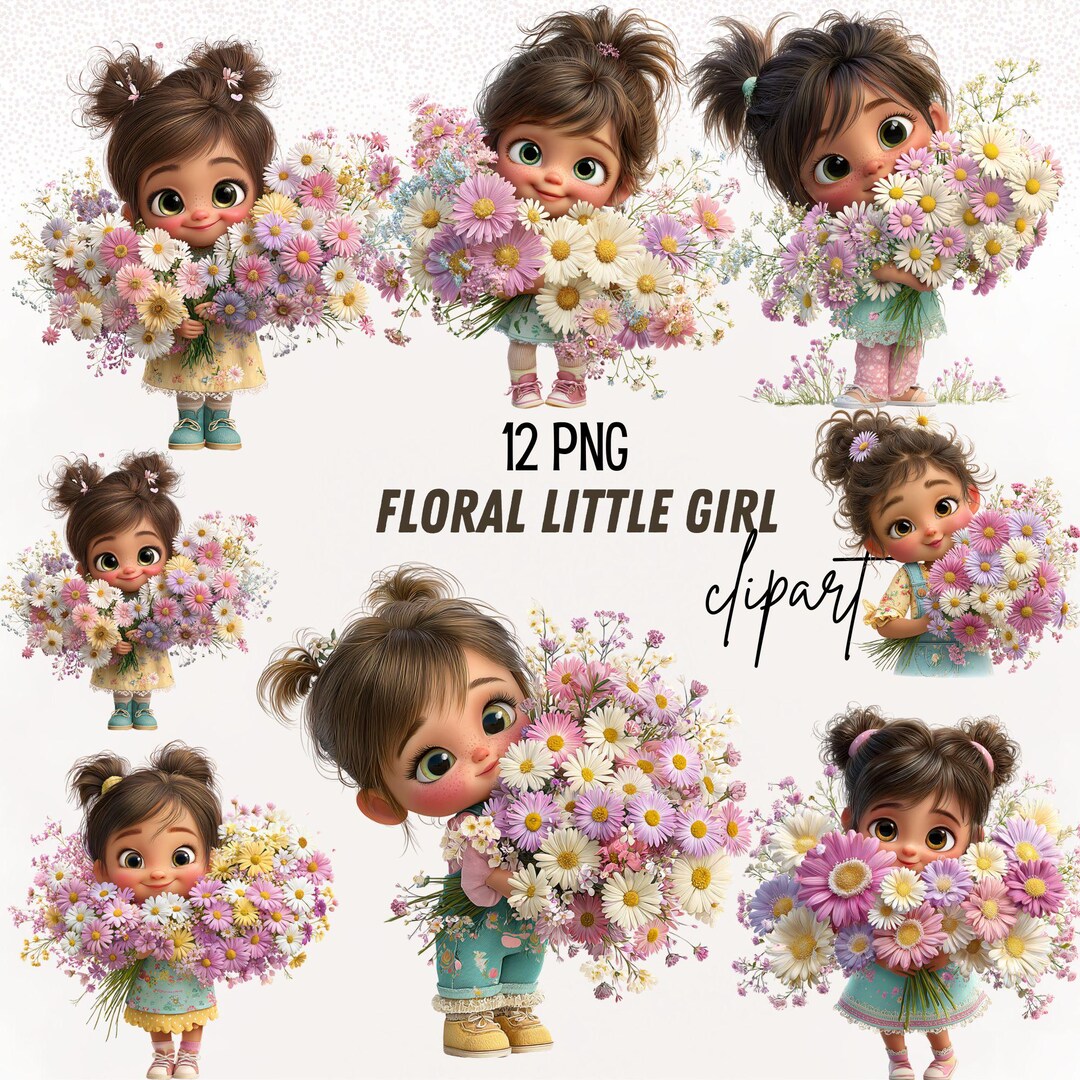 12 PNG Girl & Flower Little Girl Clipart | Whimsical Nursery Graphics ...