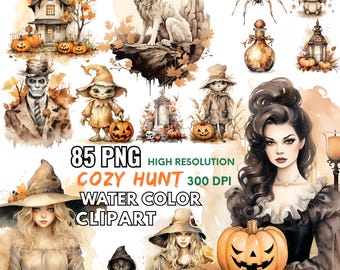 Watercolor Halloween Clipart: Cozy Haunt PNG Images (Digital Download