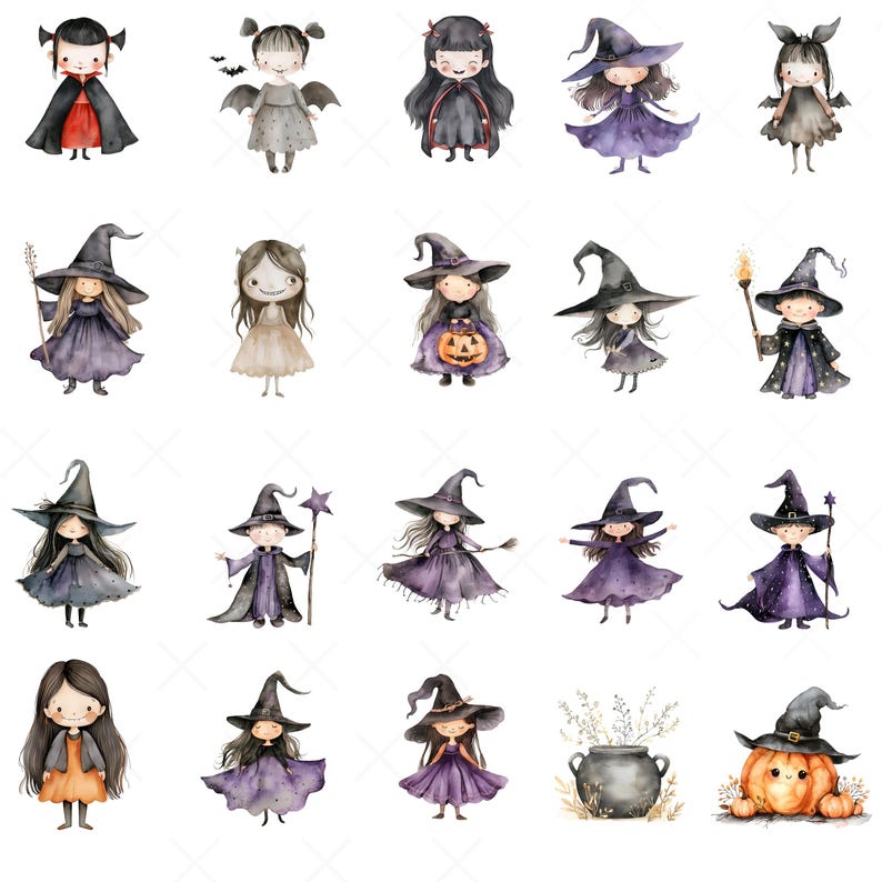May include: Watercolor illustrations of Halloween characters, including witches in purple dresses and black hats, a vampire, and a pumpkin. The images are in a whimsical style with soft colors and details.