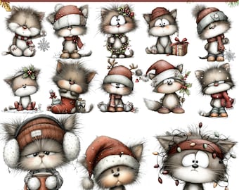 19 PNG Whimsical Cat Clipart, Christmas Png, Quirky Cat Clipart PNG, Cute Christmas Cats, Christmas Cat Clipart