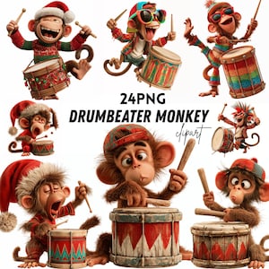 May include: A collection of 24 PNG digital illustrations featuring monkeys playing drums. The monkeys are depicted in various poses, wearing hats, sunglasses, and colourful clothing, while playing on drums with wooden sticks. Text reads 24PNG DRUMBEATER MONKEY clipart.