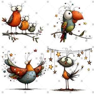 K&ouml;nnte beinhalten: Verspielte Cartoon-Illustrationen von V&ouml;geln in verschiedenen Posen. Ein Bild zeigt eine Vogelfamilie auf einem Ast. Ein anderes zeigt einen bunten Vogel auf einem Ast. Weitere Bilder zeigen V&ouml;gel mit Sternakzenten.