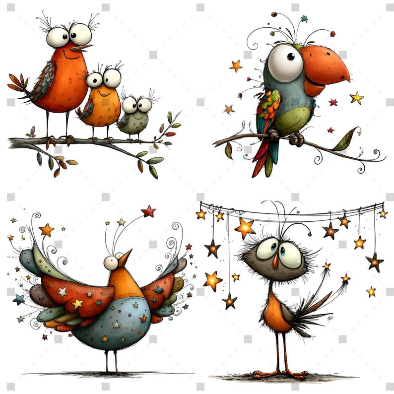 K&ouml;nnte beinhalten: Verspielte Cartoon-Illustrationen von V&ouml;geln in verschiedenen Posen. Ein Bild zeigt eine Vogelfamilie auf einem Ast. Ein anderes zeigt einen bunten Vogel auf einem Ast. Weitere Bilder zeigen V&ouml;gel mit Sternakzenten.