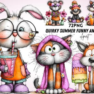 May include: A digital illustration featuring whimsical animal characters. A bunny with glasses sips a drink, a cat in a pink hood, and a fox with a popsicle. The text reads "Quirky Summer Funny Animal clipart."