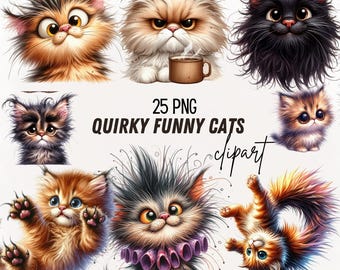 May include: A collection of whimsical cat illustrations with exaggerated features and expressive eyes. The image includes various cat breeds in different poses and colors, with the text "25 PNG QUIRKY FUNNY CATS clipart".