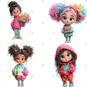 May include: Four cartoon girls with large eyes and colorful hair. One girl wears glasses and a pink hoodie, holding a bouquet. Another holds a sign that says "love". The other two girls hold a blank paper and a book that says "love".