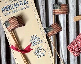 4 American Flag Cupcake Picks, Vintage Style Patriotic Flags, Dessert Toppers, Cocktail Skewers, 4th of July Decor, Red White and Blue