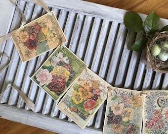 Springtime Paper Banner, Seed Packet Prints Garland|, Garden Theme Bunting, Spring Mantel Decor,  Easter Brunch Table Decorations,  Spring