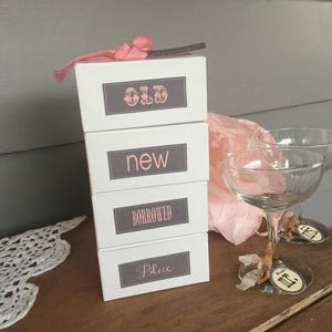 Old, New, Borrowed, Blue Gift Box Stack in White with Ribbon