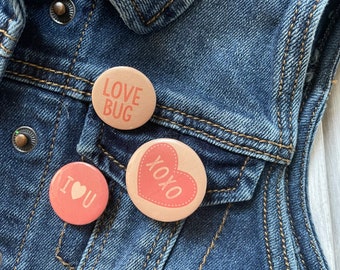 Valentine Pins, Flair Badge, Love Accessories, Set of 3,XOXO, Love Bug, and I Love You Buttons, Sweetheart Present, PIN1