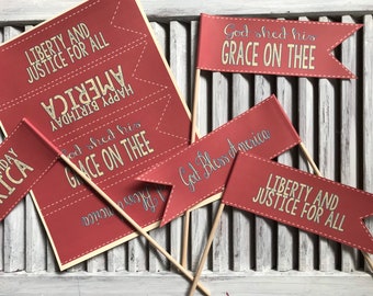 PRINTABLE Patriotic Red Background Paper Flags, Vintage Style 4th of July Decorations, Military Decor, God Bless America, Red White and Blue