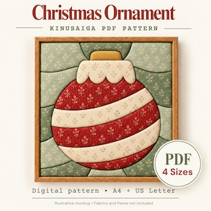 Peut inclure: Un patron PDF Kinusaiga pour une décoration de Noël représentant une boule rouge et crème à motifs floraux sur fond vert sauge, encadrée de bois. Le texte indique Christmas Ornament, Kinusaiga PDF Pattern et PDF 4 Sizes.