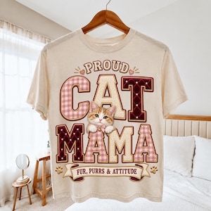 Proud Cat Mama PNG, Varsity Cat Mom Shirt Design, Patchwork Kitty Faux Embroidery, Pet Lover Sublimation Download