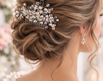 Silver, Blue Crystal & Pearl Bridal Hair Comb – Romantic Wedding Hair Accessory